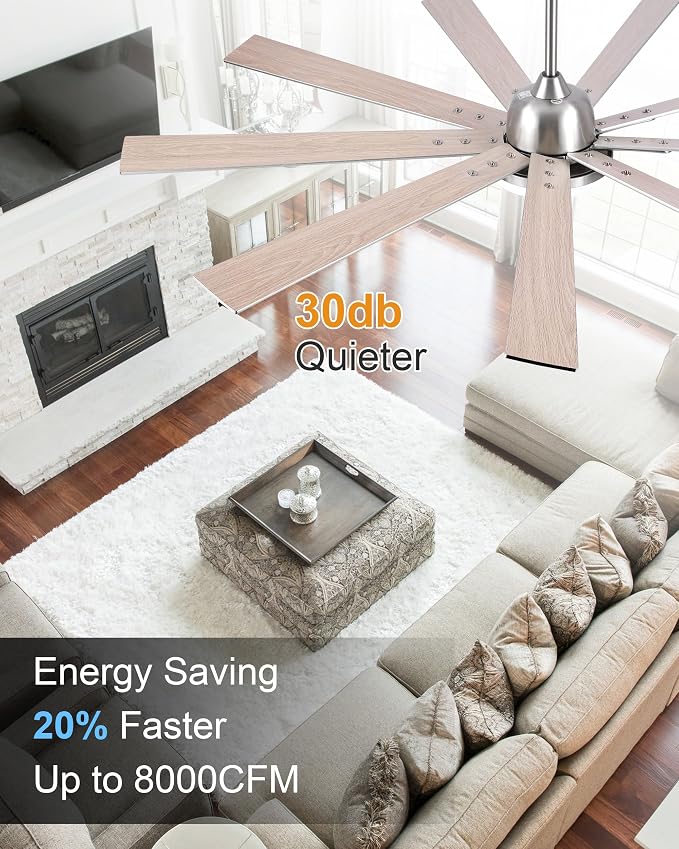 POCHFAN 72 Inch Ceiling Fans with Lights,Large Modern Ceiling fan with Remote and 9 Wooden Blades,Dimmable,6 Speeds,Noiseless Reversible Indoor&Outdoor Fan for Bedroom,Patio,Living Room