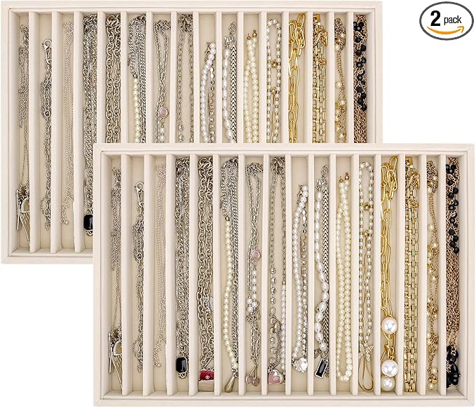 Large Velvet Jewelry Tray 2 Pack, Stackable Jewelry Display Drawer Inserts Trays, 16 Grids Jewelry Organizer for Earrings, Bracelets, Necklaces, Rings, Beige
