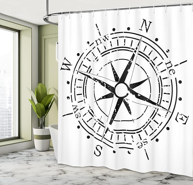 Ambesonne Compass Shower Curtain, Monochrome Windrose Simplistic Design Direction Navigation Prehistoric, Cloth Fabric Bathroom Decor Set with Hooks, 69" W x 84" L, Charcoal Grey and White