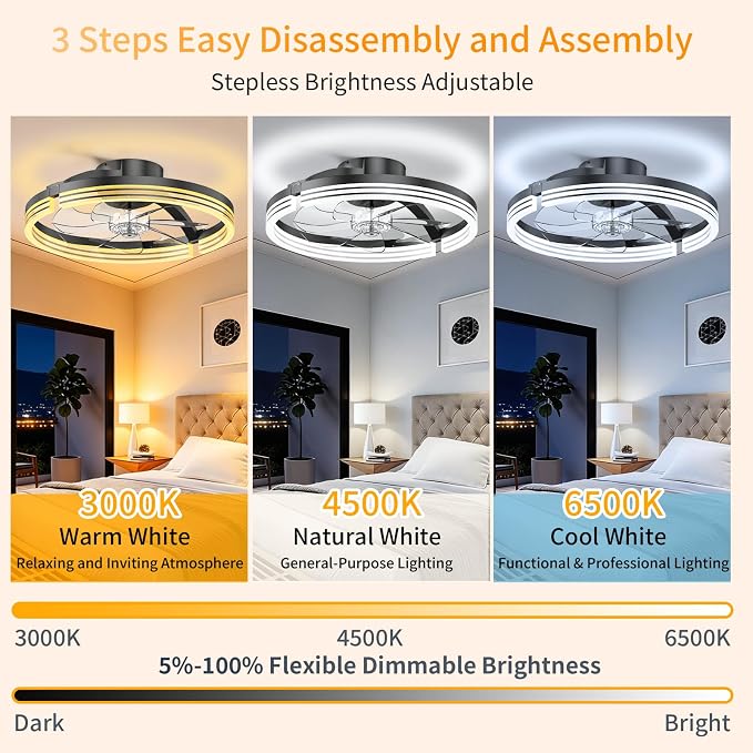 Ceiling Fans with Lights and Remote, 20" Low Profile Flush Mount Ceiling Fan, 3000-6500K Dimmable LED Fandelier, 6 Quiet Speeds for Bedroom