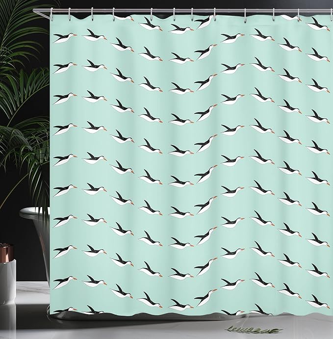 Ambesonne Turquoise Shower Curtain, Penguins Diving in Water Pose Cartoon Animals Repetitive Illustration, Cloth Fabric Bathroom Decor Set with Hooks, 69" W x 70" L, Mint Green and Black