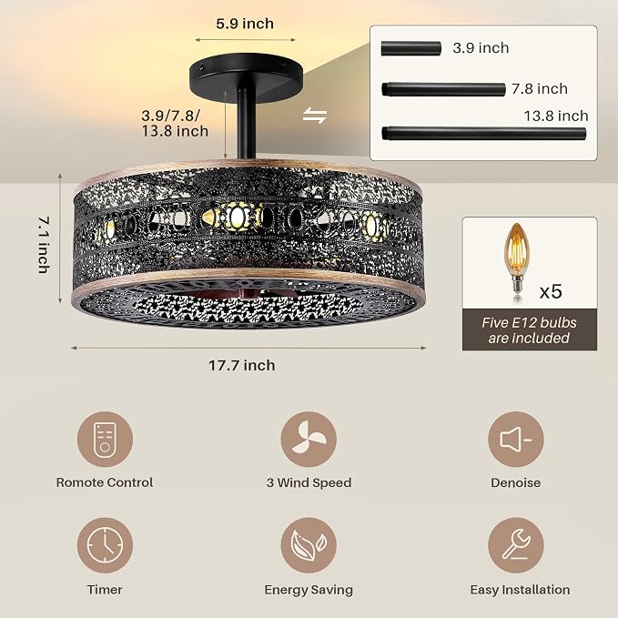 Industrial Caged Ceiling Fans with Lights, Small Black Ceiling Fan with Light And Remote, Farmhouse Ceiling Fan Light for Living Room, Bedroom, Kitchen