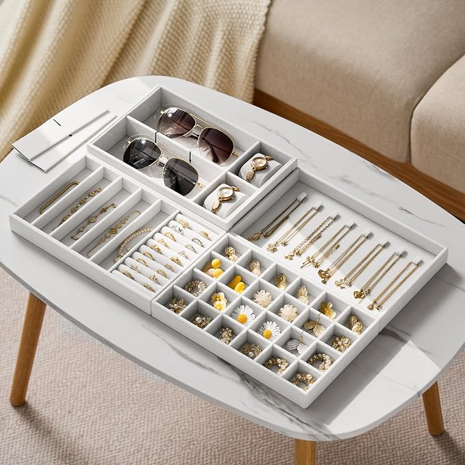 Velvet Jewelry Drawer Organizer Trays – Large White Stackable Jewelry Storage Inserts Set, 4-Layer Jewelry Tray Set for Earrings, Rings, Necklaces, Bracelets with Removable Dividers for Dresser,Vanity