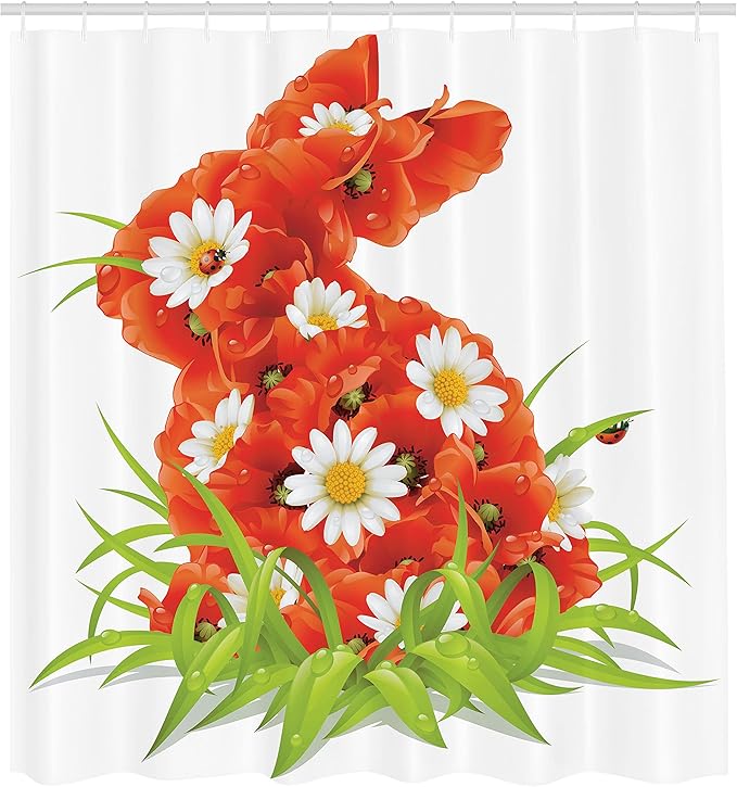 Ambesonne Ladybugs Shower Curtain, Spring Flowers in Shape of Easter Rabbit Wild Nature Camomile Blooms Grassy, Cloth Fabric Bathroom Decor Set with Hooks, 69" W x 70" L, Red White Green