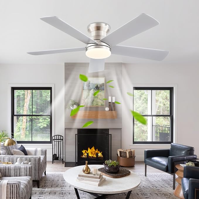 Ayaoty Flush Mount Low Profile Ceiling Fans with Lights - Modern Ceiling Fan with LED Dimming, Timer, 6Wind Speeds, Indoor Fan Light Fixture for Bedroom, Kitchen, Nickel