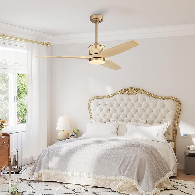 LEDLUX 52" Ceiling Fan with Light – Remote Control, Solid Wood, Quiet Reversible DC Motor, Light Oak/Gold Finish, Includes 4.5"/12" Downrods, Noiseless Ceiling Fan for Bedroom, Living Room, Porch