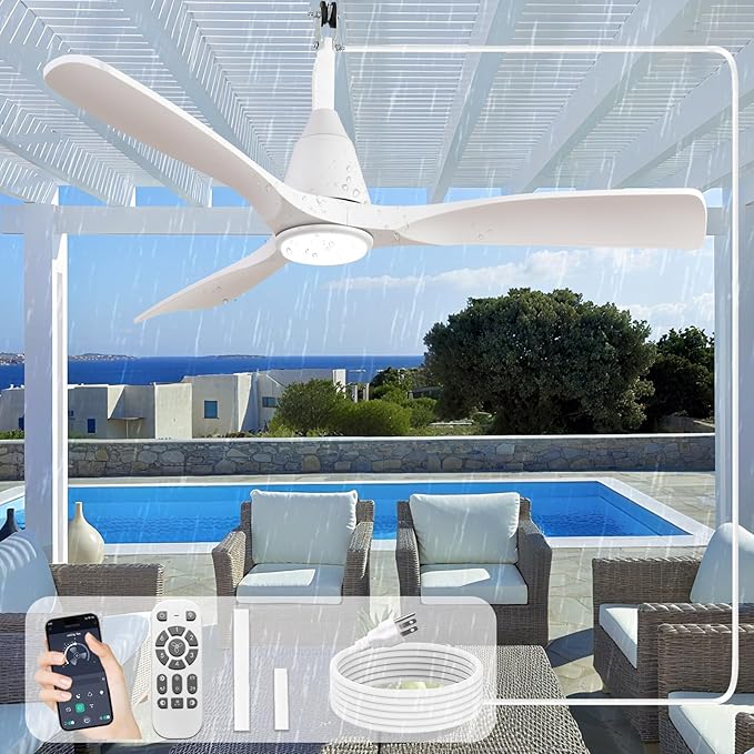Depuley Outdoor Ceiling Fan with Lights: 42" White Gazebo Fans Outdoor Hanging with Remote APP Control - Plug in Waterproof Fans with Light for Patio Porch Reversible White Blades 3CCT 6 Speeds Timer