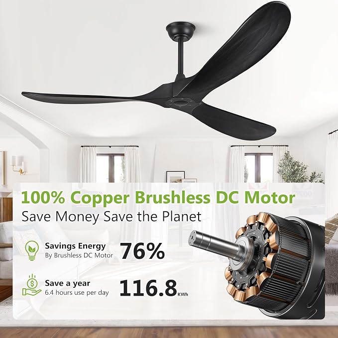 Haipeel 72 Inch Wood Ceiling Fan no Light, Large Ceiling Fans without Lights and Remote Control, Modern Black Indoor Outdoor Ceiling Fan no Light Propeller for Patios Garage High cfm ETL, Matte Black
