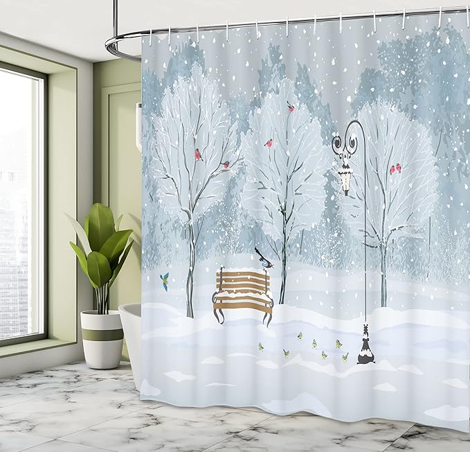 Ambesonne Christmas Shower Curtain, Snow Falling in The Park on a Cold Winter Day Birds Xmas Season Theme Picture, Cloth Fabric Bathroom Decor Set with Hooks, 69" W x 84" L, Blue and White