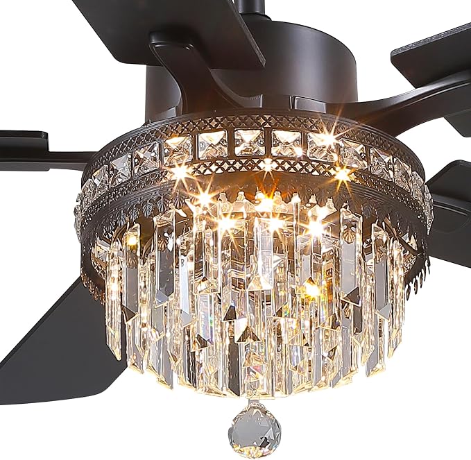 52" Chandelier Crystal Ceiling Fans with Lights and Remote/APP Control | Supports Remote and APP,Reversible 6 Wind Speeds,30W Quiet DC Motor,6 Wood Blades,Dimmable 30W LED,Suits for Bedroom Kitchen