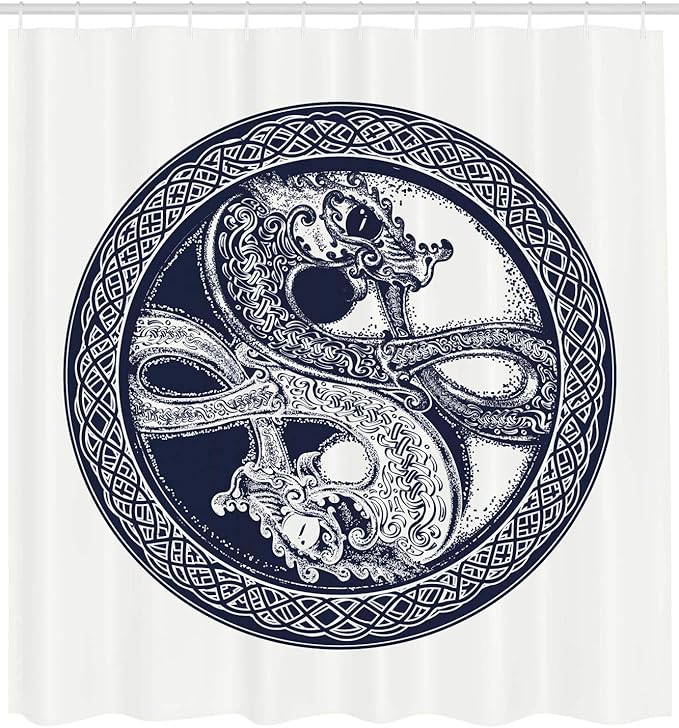 Ambesonne Celtic Dragon Shower Curtain, Mystic Yin Yang Creatures in Round Frame, Cloth Fabric Bathroom Decor Set with Hooks, 69" W x 84" L, Violet Blue Off White