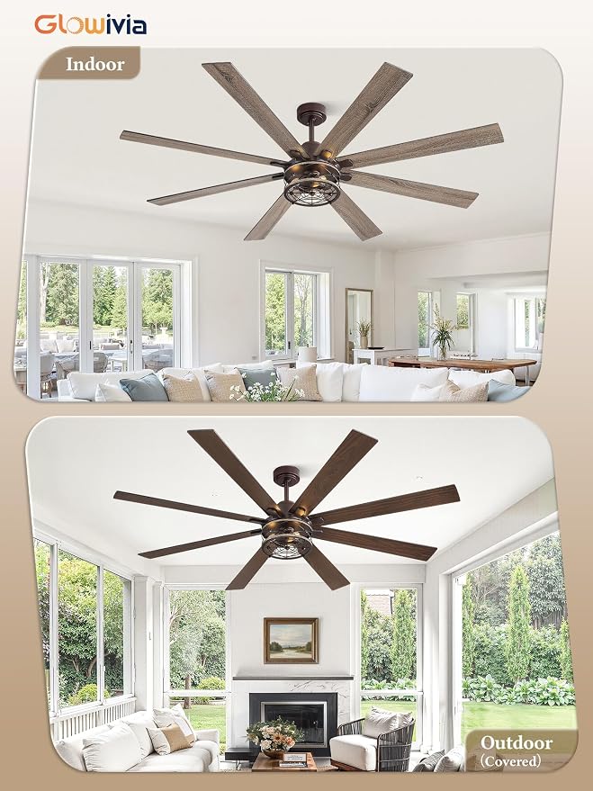 72 Inch Ceiling Fans with Lights, Farmhouse Ceiling Fan with Lights and Remote, Dual Finish 8 Blades Black Caged Rustic Ceiling Fans with 6 Speed Reversible Motor for Indoor/Covered Outdoor