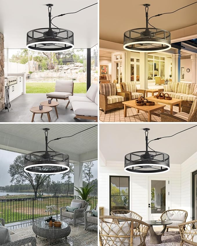 20'' Outdoor Ceiling Fan with Light, IP65 Waterproof Gazebo Hanging Fan, Remote Control, 3CCT, 6-Speed, Plug-in Caged Ceiling Fan for Patio Porch Pergola, Works with Alexa & Google Assistant