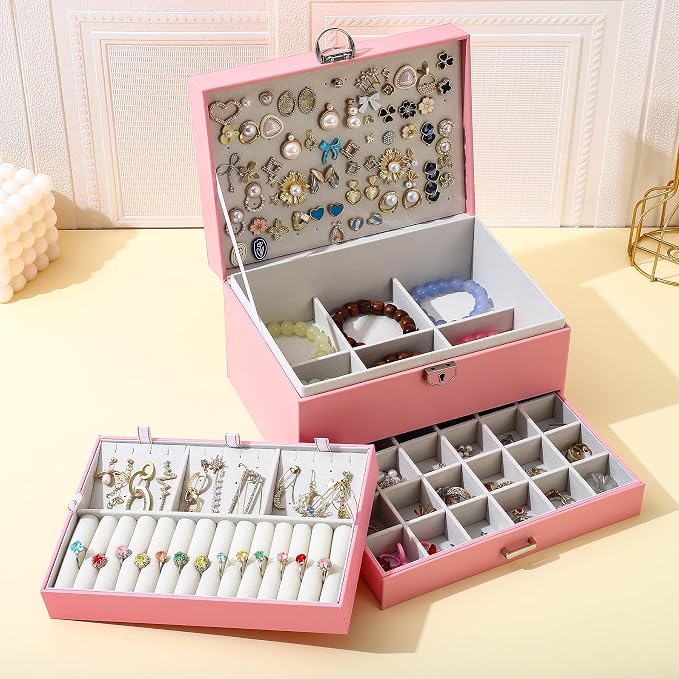 BOOVO Large Jewelry Boxes For Women (Pink) | 5 Layers Jewelry Organizer Box With Cosmetic Storage Drawer, Necklace Ring Jewelry Organizer Box