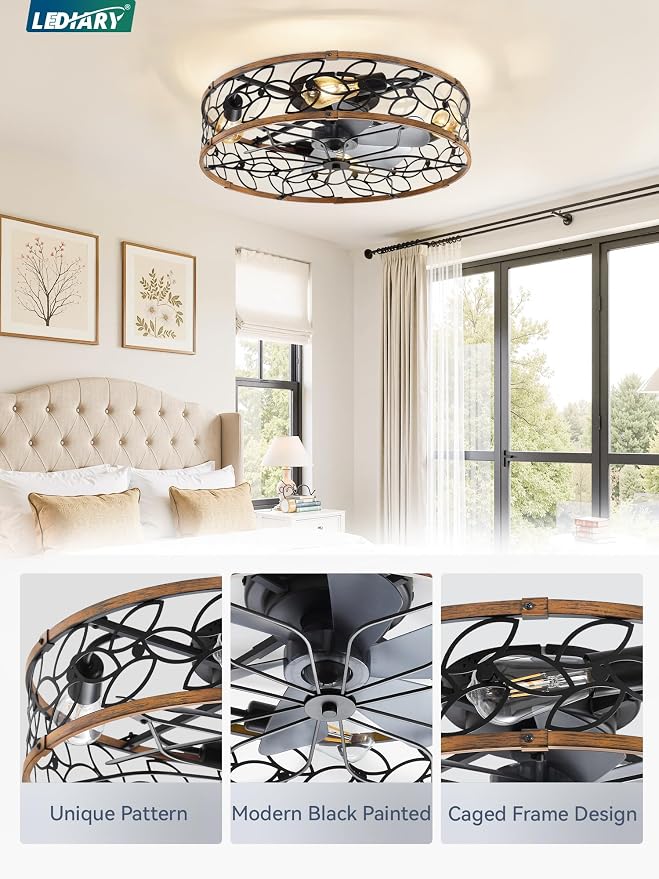 LEDIARY 23 Inch Caged Ceiling Fans with Lights, Farmhouse Flush Mount Ceiling Fan with Remote, Large Low Profile Ceiling Fan Light Fixture for Bedroom, Kitchen, Dining Room-Walnut