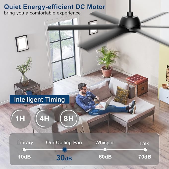 65 Inch Ceiling Fan No Light - Black Ceiling Fan with Remote & APP Control, Quiet Reversible DC Motor, 6 Blades, Indoor Outdoor Ceiling Fans without Light for Patio Living Room Garage Shop