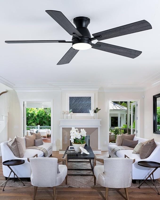Coolwind 52in 5 Blade Black Flush Mount Dimmable Ceiling Fan | APP and Remote Control, Low Profile Bedroom Ceiling Fan with 6 Speeds & 3CCT, Quiet DC Motor for Indoor/Outdoor Use