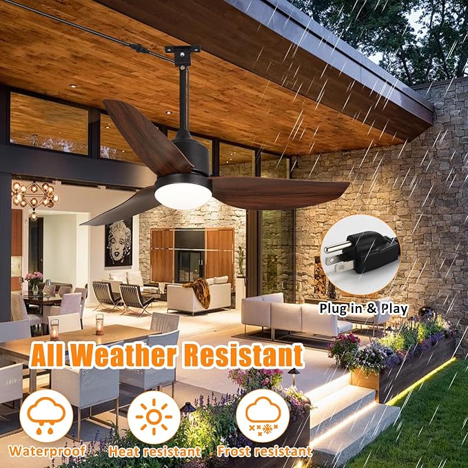 Depuley Outdoor Ceiling Fan with Light: 42 Inch Waterproof Gazebo Fans with Lights Outdoor Hanging - Plug in Remote App Control for Patio Indoor Farmhouse Porch - 6 Speed Reversible DC Motor Walnut