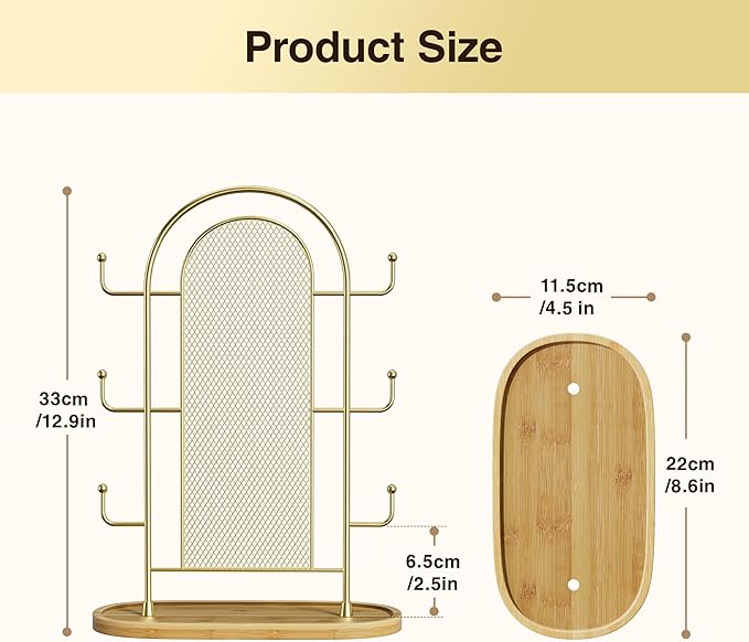 bussdis Jewelry Holder Organizer Earring Display - Earring Storage Tree Stands Towers With 6 Hooks 300 Studs Wood Tray Gold Metal Rack