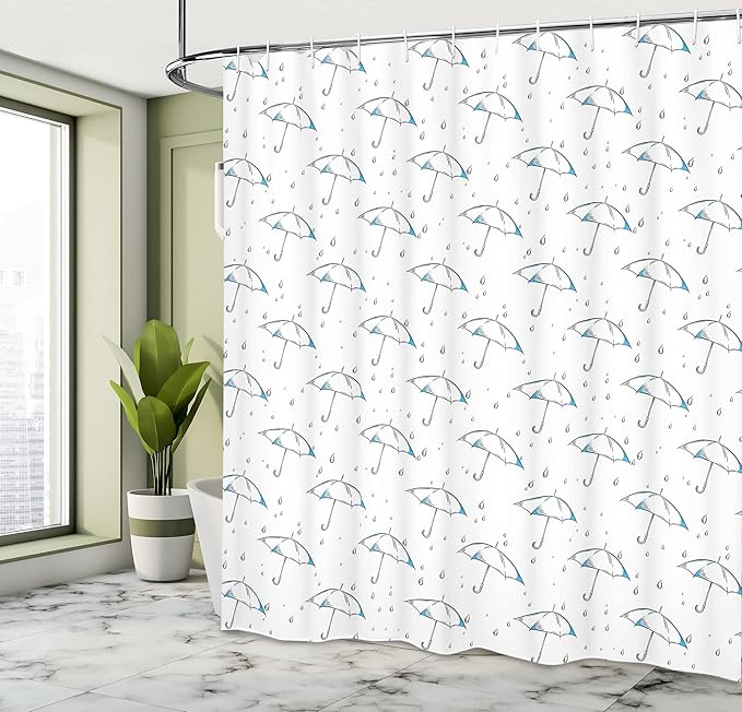 Ambesonne Umbrella Shower Curtain, Sketchy Striped Umbrella Parasol Motif with Rain Drops Fall Autumn Themed Artwork, Cloth Fabric Bathroom Decor Set with Hooks, 69" W x 84" L, White Blue