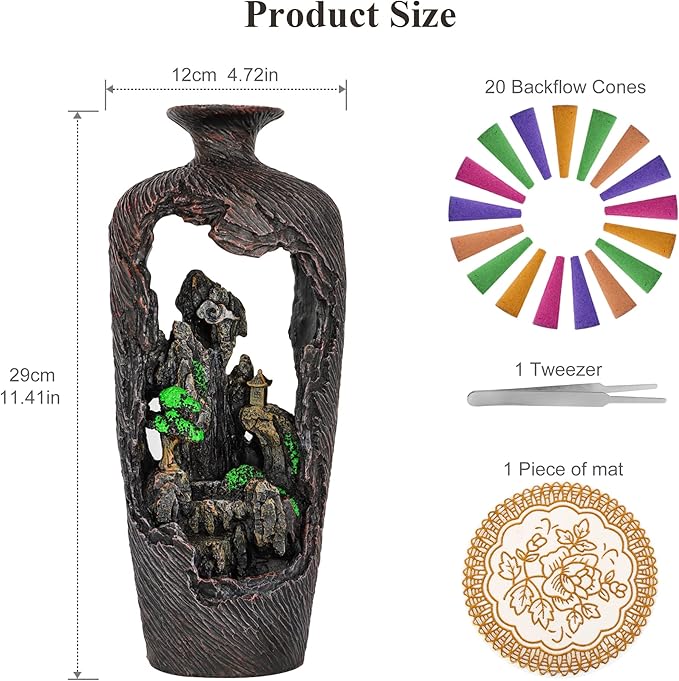 DOBEHOME Mountain Waterfall Incense Burner Backflow Incense Burner Incense Smoke Waterfall with 100 Backflow Incense Cones，Tweezer，Mat (Vase Shape)