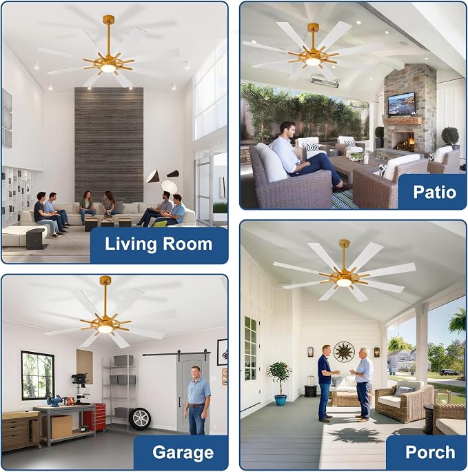Large Ceiling Fans with Lights: Modern 66 Inch 8 Blade Outdoor Ceiling Fan with Remote APP Control - Dimmable White Gold Big Fan light Indoor Reversible 6 Speed Quiet DC Motor