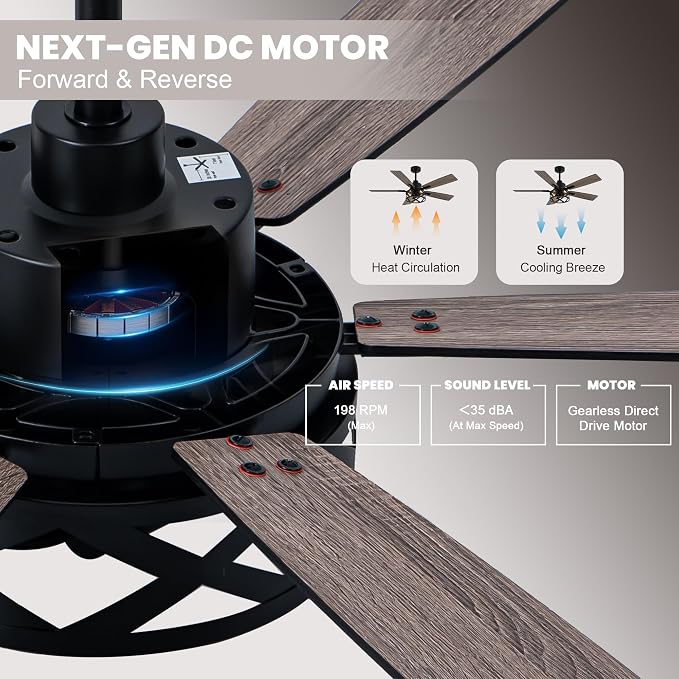 Dawn Whisper 52 Inch Farmhouse Ceiling Fans with Lights and Remote Quiet and Reversible DC Motor Black Industrial Rustic Caged Ceiling Fan for Bedroom Living Room Covered Patio