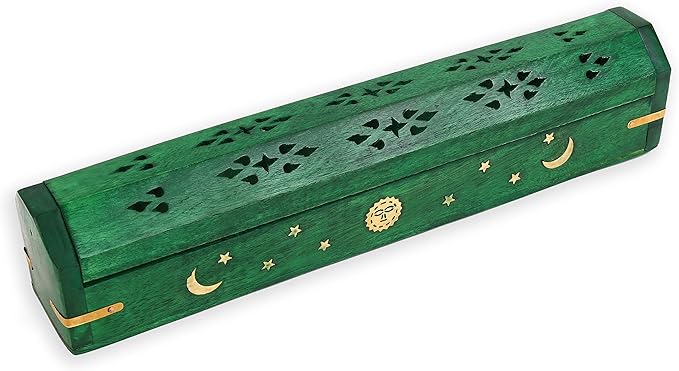 Incense Garden Pack of 2 Incense Stick Holder - Coffin Style - Wood Incense Stick Burner with Sun Moon Star Handmade with Brass Inlays (Green)