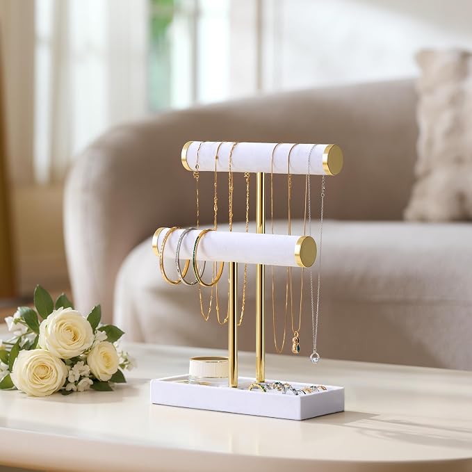 bussdis 2 Tier Bracelet Holder Display, Necklace Holder Organizer, White | Velvet Necklace Holder | Jewelry Tree | Jewelry Towers | Jewelry Stand Organizer for Necklaces, Bracelets, Earrings, Rings