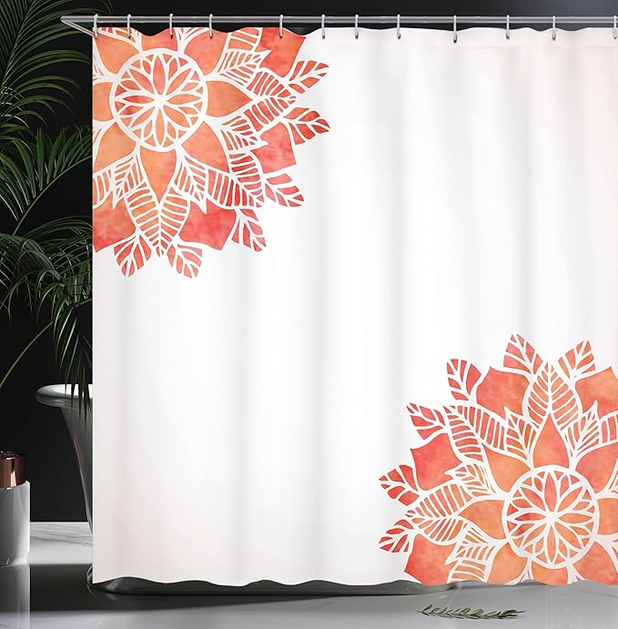 Ambesonne Floral Shower Curtain, Watercolors Lace Flower Petals in Soft Pastel Tones with Eastern Effect Design, Cloth Fabric Bathroom Decor Set with Hooks, 69" W x 75" L, Coral White