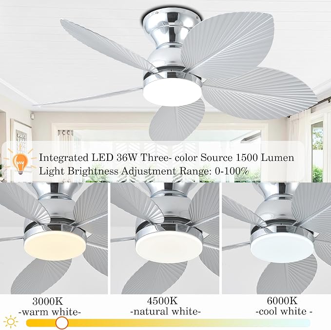 GJeg Tropical Ceiling Fans with Light, 38-inch Flush Mount Palm Leaf Ceiling Fans for Bedrooms, Indoors and Outdoors, Remote Control/APP Control, 6-Speed, Dimmable, Reversible,Chrome