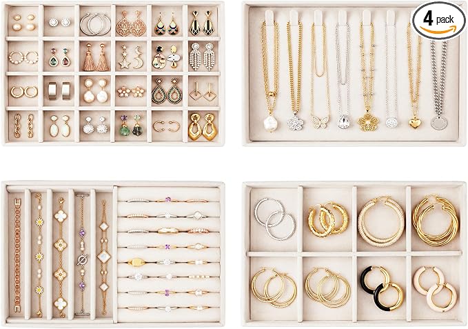 Jewelry Organizer for Drawer, Velvet Jewelry Drawer Organizer Inserts, 4-Layer Beige Stackable Jewelry Trays for Rings Earrings Necklaces Bracelets with Removable Dividers for Dresser Vanity