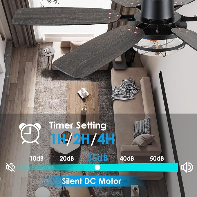 Hounberi 52" Farmhouse Ceiling Fan with Light and Remote, Black Industrial Caged Ceiling with Seeded Glass, 6-Speed Reversible DC Motor, Dual Finish 6 Blades, Black Ceiling Fan for Living Room Bedroom