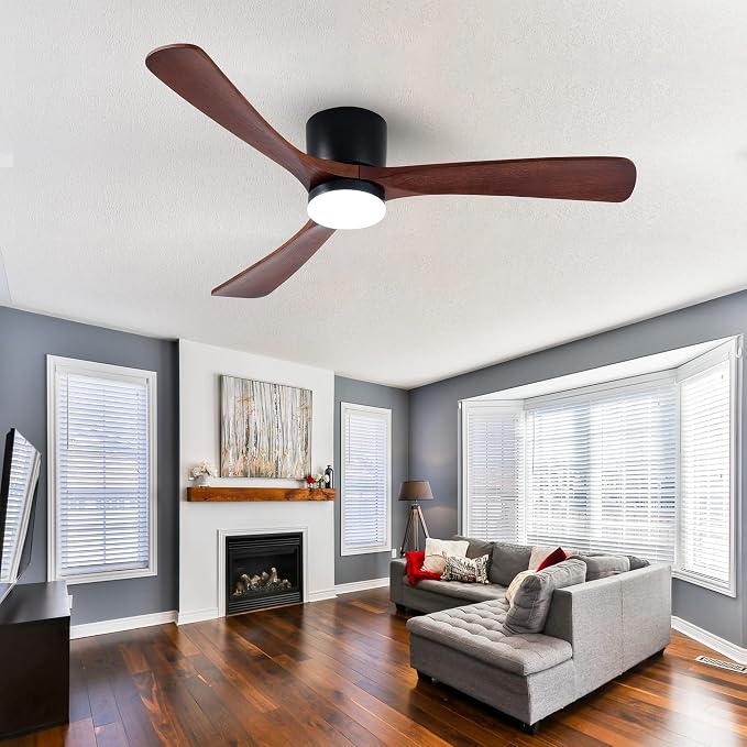 52" Flush Mount Ceiling Fan with Lights Remote Control, 3 Blades Wood Ceiling Fans, Quiet Reversible DC Motor, 6-Speed, Timer, Modern Ceilingfans for Low Profile, Walnut and Matte Black