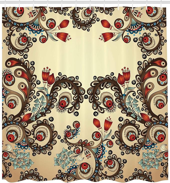 Ambesonne Floral Shower Curtain, Traditional Flower Motif East Culture Inspired Ivy Swirls Sprout, Cloth Fabric Bathroom Decor Set with Hooks, 69" W x 70" L, Brown Black