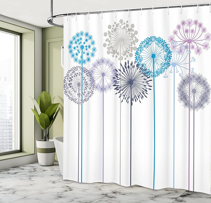 Ambesonne Floral Shower Curtain, Flower Inspired Artwork Colorful Dandelions on White Background Illustration Print, Cloth Fabric Bathroom Decor Set with Hooks, 69" W x 70" L, Deep Sky
