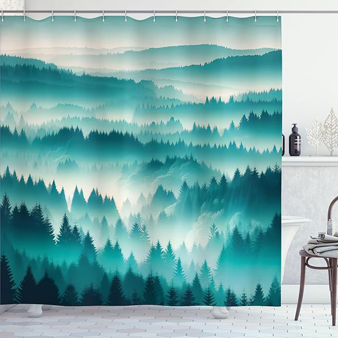 Ambesonne Turquoise Shower Curtain, Green Tones Misty Woodland Scenery Featuring Mountain Range Landscape, Cloth Fabric Bathroom Decor Set with Hooks, 69" W x 75" L, Dark Seafoam Dark Teal