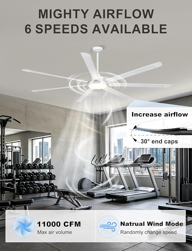 Ohniyou 84'' Industrial Ceiling Fan with Light for Shop, Garage, White | 11000 CFM Airflow, 7 Aluminum Blades, 3CCT, Remote/APP Control, 6 Speeds, Reverse Mode, Large Commercial Metal Fan for Gym
