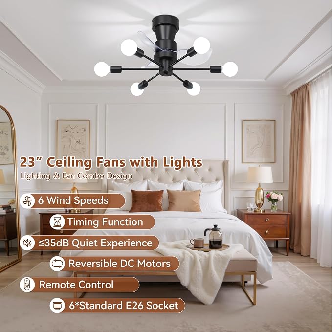23 Inch Flush Mount Ceiling Fan with Light, Black Low Profile Fandelier | 6-Light Modern Sputnik Chandelier Fan, Remote Control, 6 Speeds, Reversible Quiet DC Motor, Easy to Install, for Bedroom