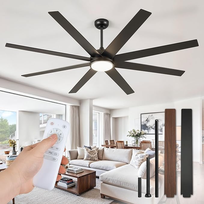 Fanbulous 74 Inch Ceiling Fans with Lights and Remote, Black Indoor/Outdoor Ceiling Fan with Quiet Reversible DC Motor, 6 Speeds, 3CCT, 8 Blades Large Ceiling Fan for Living Room Bedroom Patio