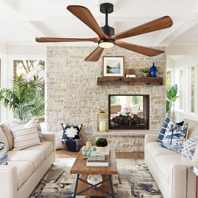 52 Inch Ceiling Fan with Lights and DC Motor by Remote Control,5 Reversible Solid Wood Blades,6-Speed Noiseless DC Motor, Modern Ceiling Fan for Indoor Bedroom Living Room Outdoor Patios