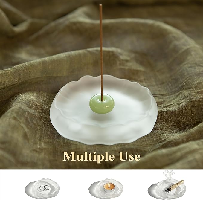 SATORY Handmade Zen Incense Holder 4.1" W- Frosted Glass & Green Jade Stone, Multi-Purpose Ash Catcher- Bakhoor Burner Gift with Incense Stick Samples, Home Décor, Yoga Meditation, Office