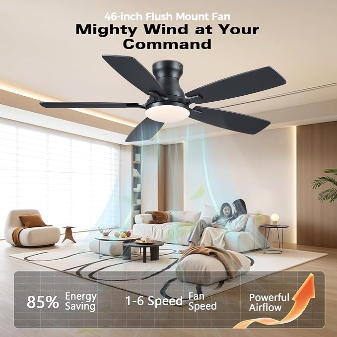 JSAITEE 46 Inch Low Profile Flush Mount Ceiling Fan with Lights, Black | 46" Ceiling Fan with 5 Dual-Sided Blades and 6 Speeds 3CCT Dimmable, Modern Indoor Fan Light Fixtures for Bedroom, Kitchen