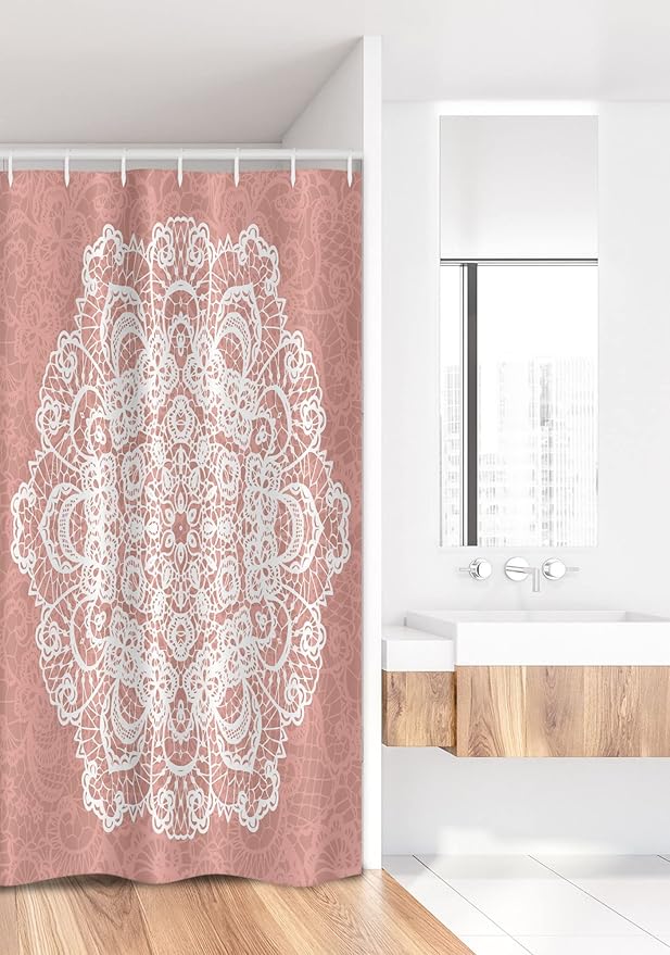 Ambesonne Mandala Stall Shower Curtain, Lace Style of Vector Mandala with The Vintage and Abstract Theme Floral Ornamental, Fabric Bathroom Decor Set with Hooks, 36" W x 72" L, Dried Rose White
