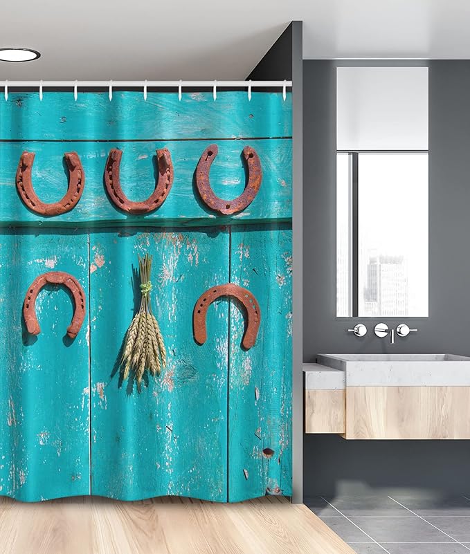 Ambesonne Western Stall Shower Curtain, 5 Antique Rusty Luck Horseshoe and Wheat Ears Bunch Picture, Fabric Bathroom Decor Set with Hooks, 54" W x 78" L, Turquoise and Brown