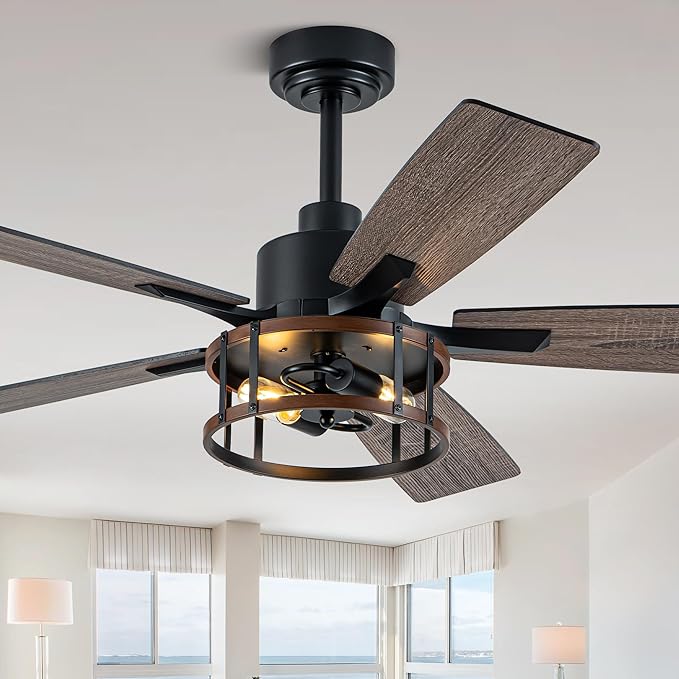 52" Farmhouse Ceiling Fans with Lights and Remote Control | Reversible Motor,5 Double Finish Wood Blades,Black Rustic Industrial Caged Ceiling Fan with Light for Living Room/Dining Room
