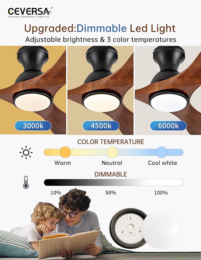 60 Inch Low Profile Ceiling Fans with Lights and Remote, Flush Mount 3 Blade Wood Ceiling Fan,Dimmable,Quiet Noiseless for Patios,Living Room,Bedroom(Wall Control Switch)