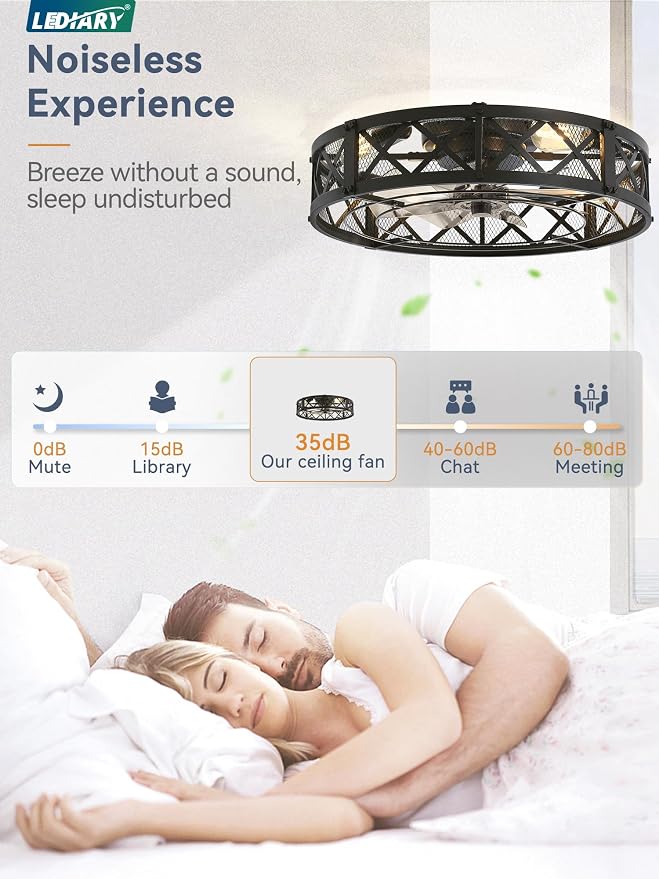 LEDIARY 23" Caged Ceiling Fan with Light, APP&Remote Control, Large Flush Mount Modern Fan Lights, Low Profile Rustic Bladeless Ceiling Fan Fixtures for Bedroom, Kitchen-Black Color