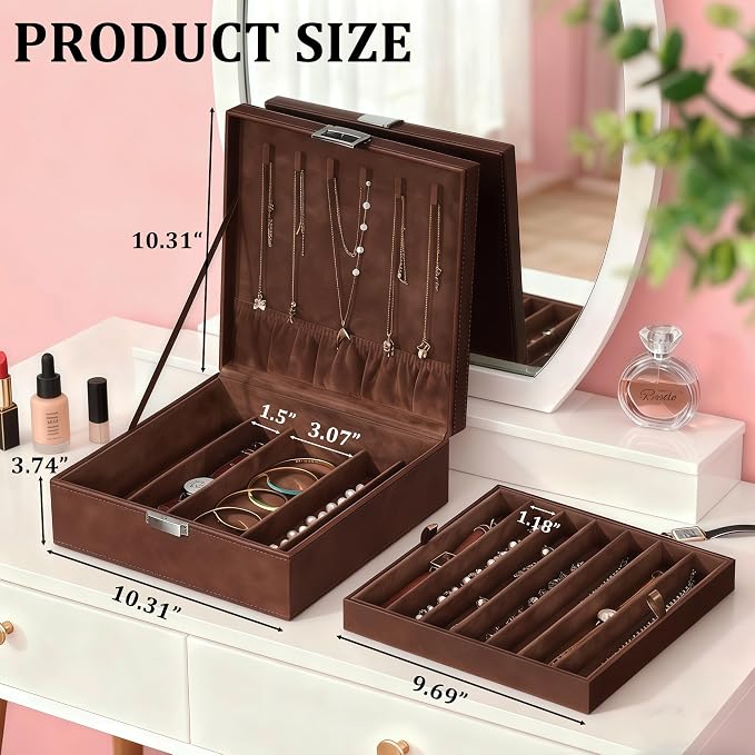 BEWISHOME Jewelry Boxes for Women, 2-Layer Necklace Organizer Box, Modern Style Jewelry Organizers and Storage with Removable Pad, Mothers Day (Brown SSH31Z)