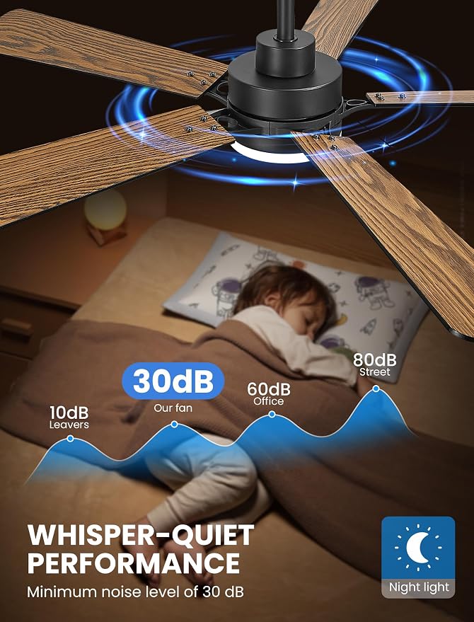 52 Inch Ceiling Fan with Lights and Remote, Downrod Mount, Sloped Ceiling Compatible up to 15°, Quiet Reversible DC Motor, 3CCT Dimmable LED, Black Ceiling Fan for Bedroom Living Room